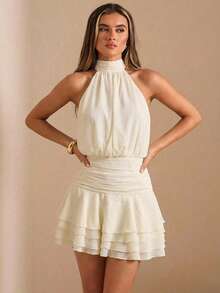 SHEIN BAE Đầm ngắn xếp tầng màu trắng thắt nơ dành cho nữ, đầm trắng, đầm sinh nhật, đầm cưới, đầm đi học, đầm xuân/hè. - trắng - Xem 3