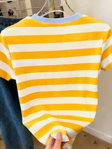 Resyla Kaos Wanita Kasual Motif Garis-Garis Leher Bulat Lengan Pendek - MultiWarna - View 2