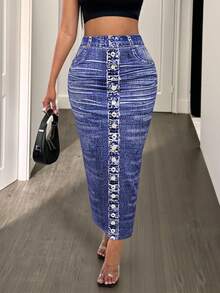 Glyssa Minifalda ajustada y sexy con estampado para mujer - Azul lavado medio - Ver 4