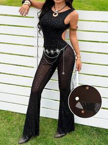 SHEIN EZwear Mesh & Sequin Sleeveless Bodycon Jumpsuit For Women - Black - View 1