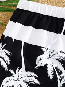 SHEIN Kids/Tween Boys' Casual Everyday Comfortable Loose Coconut Tree Print Swim Trunks - Black and White - View 7