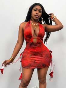 Glyssa Women's Tie-Dye Print Deep V-Neck Halter Dress - Coral Orange - View 4