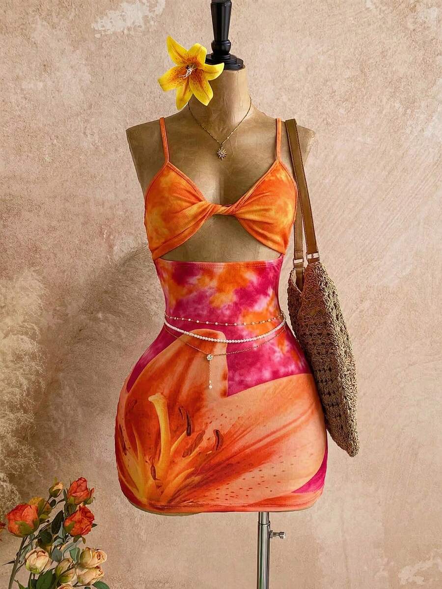 Roelina Đầm hai dây gợi cảm, họa tiết hoa dành cho nữ, kiểu dáng kỳ nghỉ, khoét eo. - Nhiều màu - Xem 1