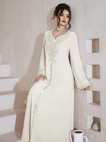 Al Najma Luxurious Embroidered & Beaded Loose Long Sleeve Split Maxi Dress, Turkish & Arabic Traditional Style - Apricot - View 3