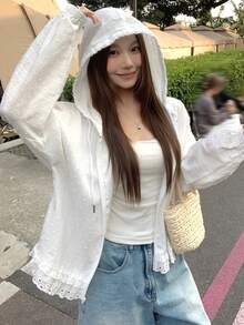 女士连帽长袖宽松纹理面料蕾丝拼接休闲度假风常规外套 - 白色 - 查看 4