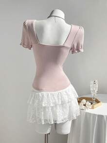 Elamini Maglietta casual da donna con scollo quadrato, arricciatura in pizzo e fiocco decorativo a contrasto di colore - Rosa - Visualizzare 2