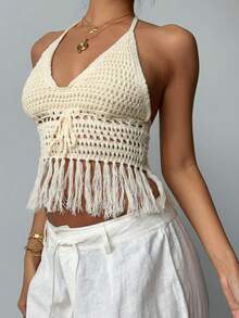 Aloruh Áo vest nữ mùa hè mới về, màu mơ nhạt, thanh lịch, gợi cảm, dễ thương, tối giản, thích hợp cho kỳ nghỉ biển, hẹn hò lãng mạn, dự tiệc tối, kiểu cổ yếm, khoét rỗng, có tua rua. - Màu be - Xem 5