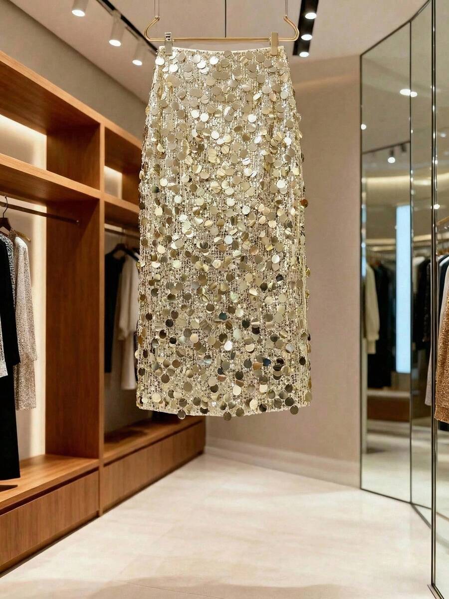 SHEIN Clasi 金色亮片高开衩半身裙,优雅时尚,适合派对穿着 - 金色 - 查看 1