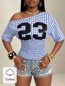 BamGleam Women's Casual Plaid Numeric Print Cinched Waist T-Shirt, Summer,Vacation, Holiday, Summer Holiday, Vacation - Blue - View 3