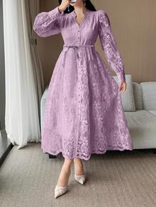 DAZY Women's Elegant Lace Collar Belted Mid-Length Dress, Spring/Summer - Pink - View 3