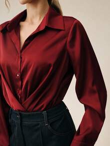 Anewsta Women's Fashionable Elegant Ruched Collar Bodysuit - Burgundy - View 6