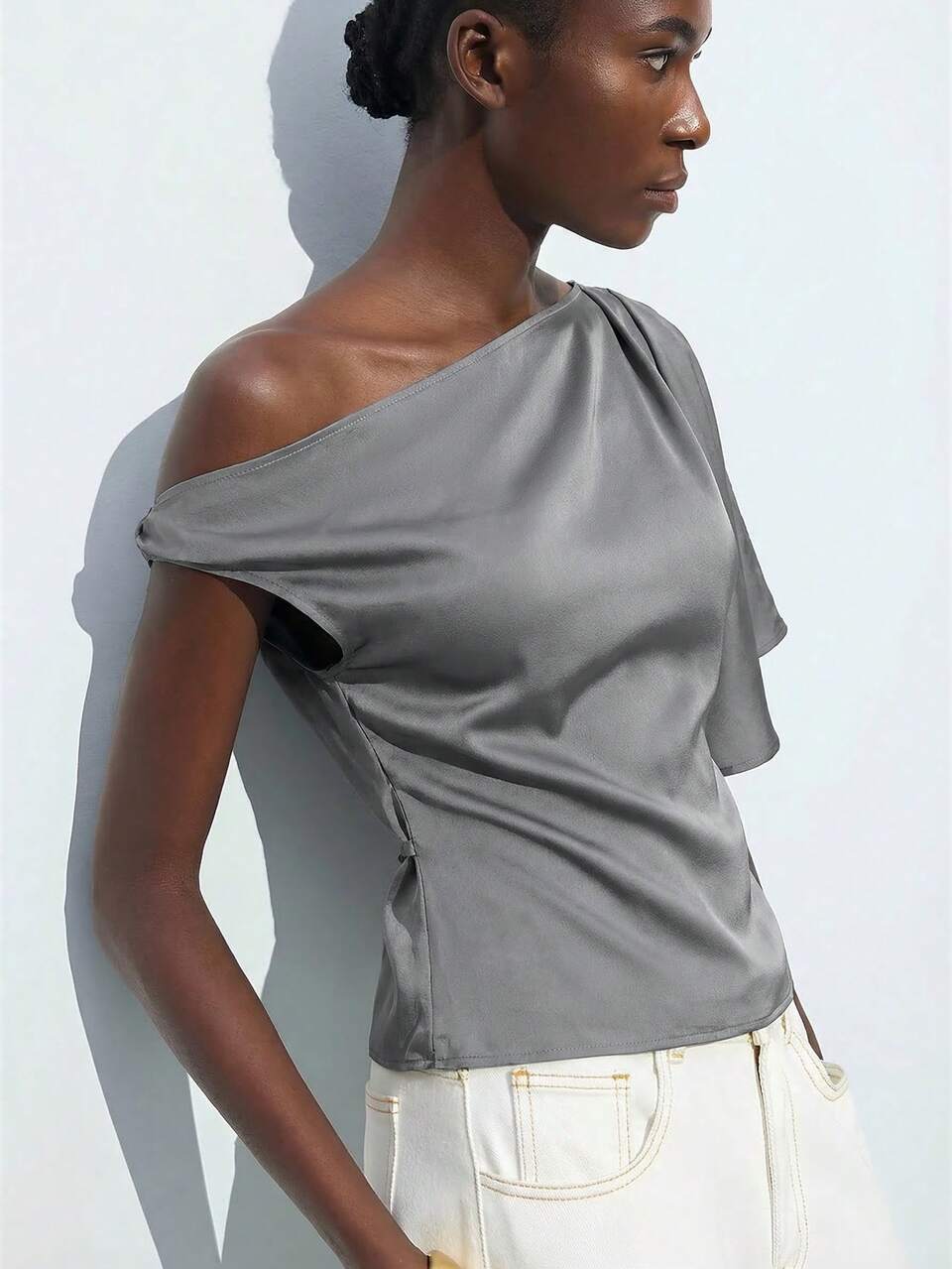 SHEIN Maija Women's Elegant Summer Gray Asymmetric Shoulder Design Top, Chic Lace-Up Business Casual For Dinner Date, Office, Concerts, Sophisticated Wear
