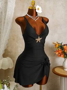Zestiva Women's Solid Color Wide Strap Buckle Starfish Decor Elegant Swimsuit Skirt,Summer Black Tropical Beach Holiday Vacation Outfit Dress Sets Holiday - Black - View 2