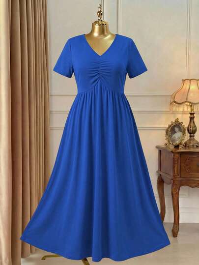 Rometta Elegant Casual V-Neck Ruched Detail Short Sleeve Knit Plus Size Dress, New Arrival Plus Size Blue Dress Plus Size Casual Dress Plus Size Vacation Dress Curvy Summer Dresses Vacation Dresses Woman Curve