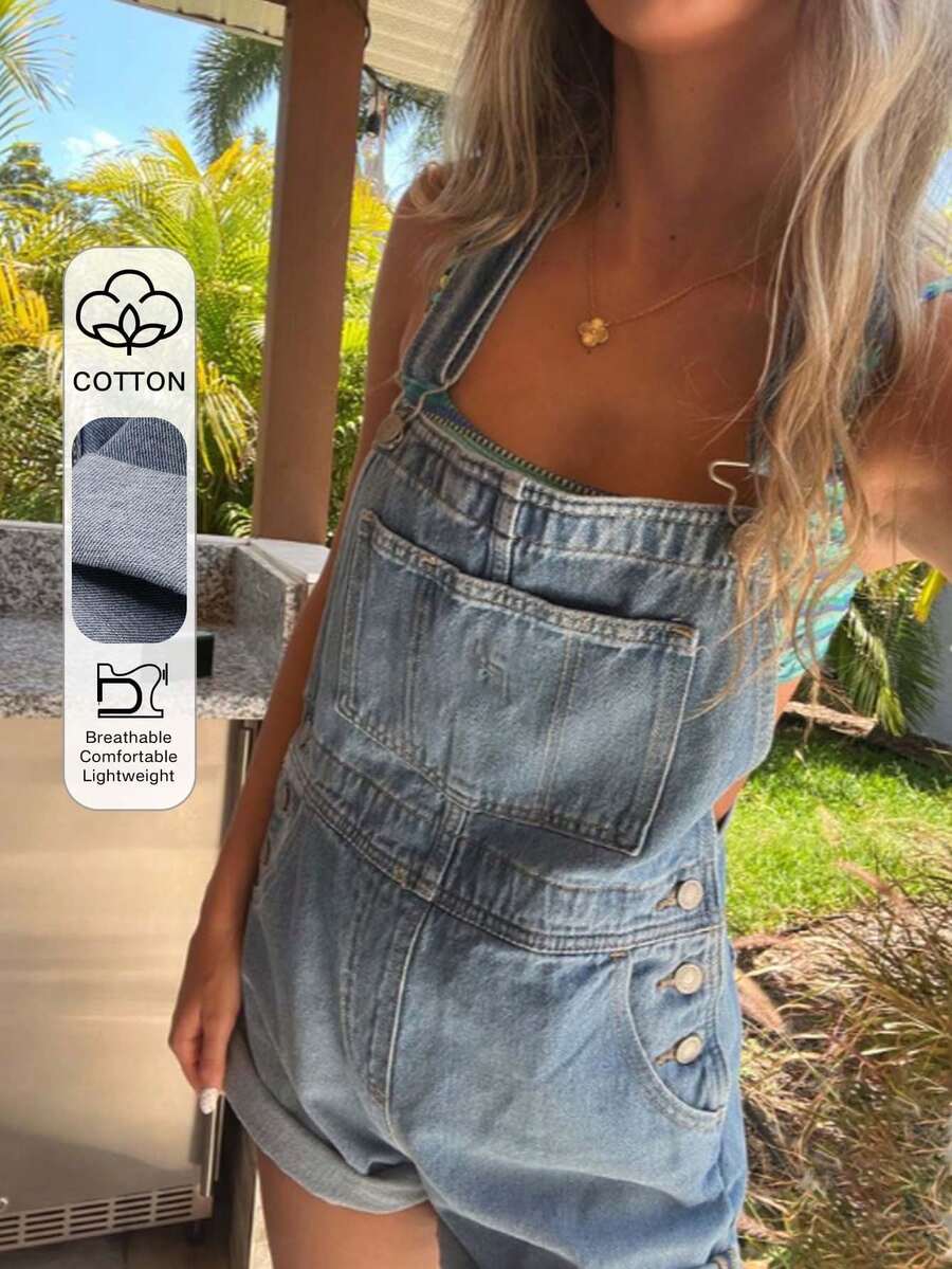 Livesso 女士蓝色棉质沙滩度假休闲可调节肩带连体裤 夏季 - 藍色 - 查看 1