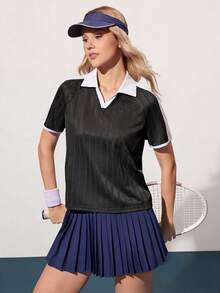 CourtClass Women's Sporty Casual Contrast Color Polo Collar Short Sleeve Tennis Shirt - Black - View 5