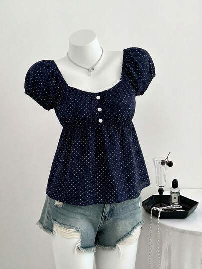 Sparklyn 1 Piece, Girl's Vintage Sweet-Style Top: Pearl Trim + White Polka Dots, Puff Short-Sleeve Square-Neck Gathered Waist Top, Thin Non-Fluffy, Gentle Loose Blouse, For Dates/Daily Outings, Spring & Summer 1 Piece, Girl's Vintage Sweet-Style Top: Pearl Trim + White Polka Dots