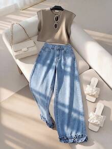 GlowEve Jeans de mezclilla minimalistas y casuales de unicolor para mujer - Azul - Ver 3