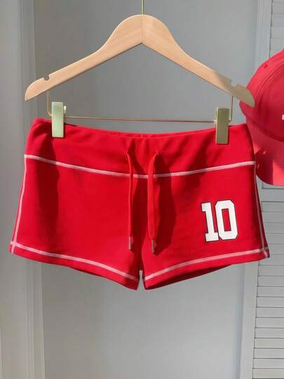 Comfortcana 2026 Spring/Summer New Women's Red Letter Low Waist Letter Shorts,Winter,Easter,Party ,Beach,Wedding,Graduation,Elegant,Casual,Vacation,Sports, Formal,Y2k,Business,Sequin,Fringe,Ruffle,Flower,Graphic,