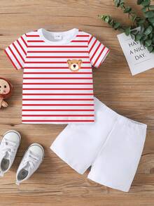 Playful Pals 2pcs/Set Baby Boy Cute Bear & Striped Print Round Neck Short Sleeve T-Shirt + Orange Shorts Set, Suitable For Outings In Summer - Multicolor - View 5