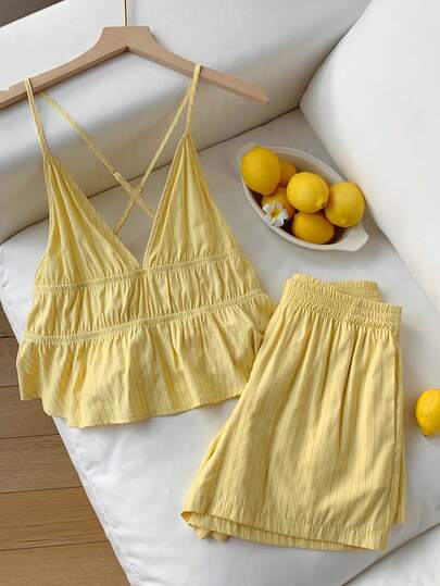 Comfortcana 纯色吊带荷叶边下摆休闲编织女式夏季套装