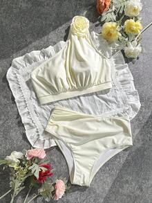 Swim Chiccia 优雅高腰白色泳衣单肩荷叶边比基尼套装花朵装饰沙滩泳装女士泳衣两件套女士夏季套装两件套单肩比基尼高腰比基尼 - 杏色 - 查看 10