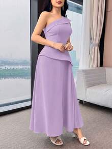 Feyla 女士纯色简约休闲不对称连衣裙 - 紫色 - 查看 5