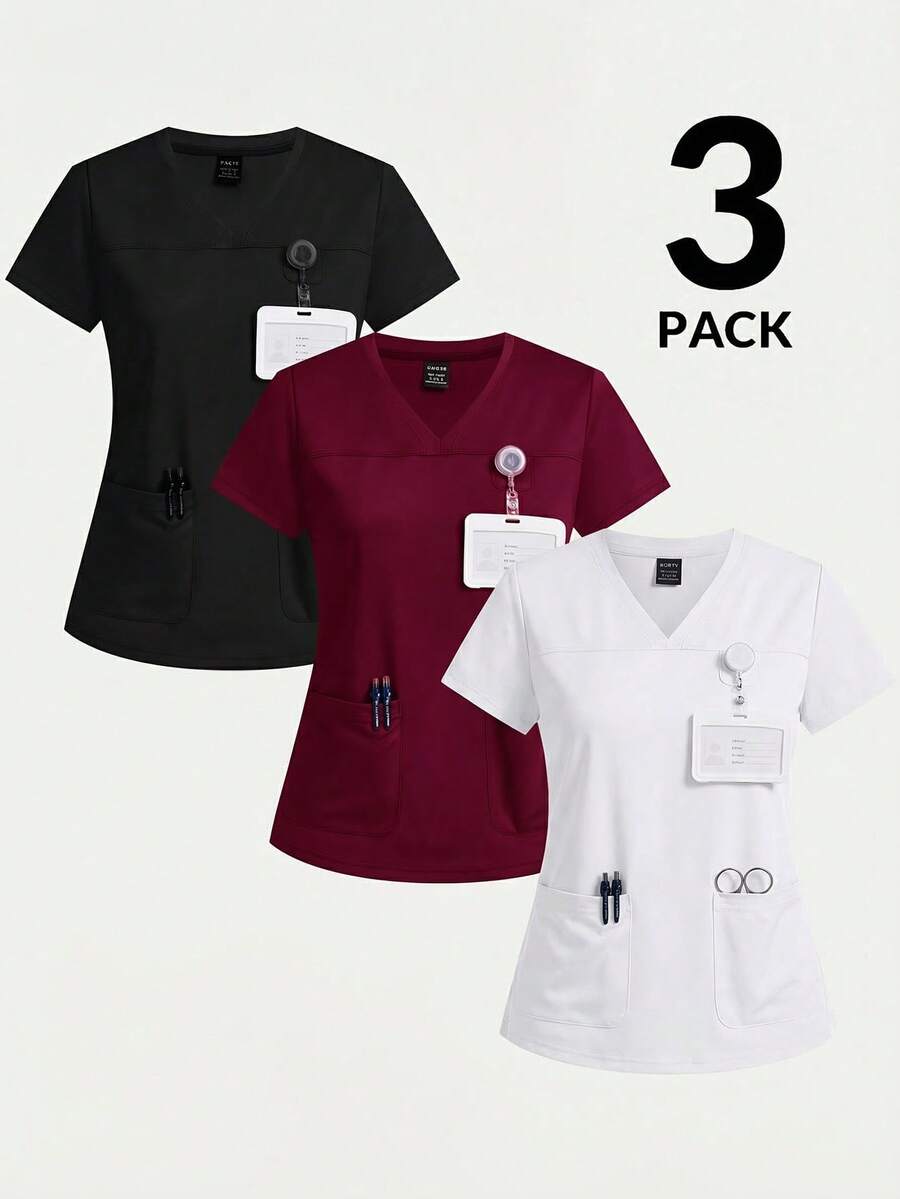 TaskEZ Solid Color V-Neck Short Sleeve Pocket Scrub Uniform Top - Multicolor - View 1