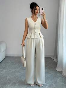 SHEIN Elenzya 女款優雅米白色夏季辦公兩件套，無袖百褶下擺西裝外套與鬆緊腰長褲，通勤下午茶派對專業穿搭 - 卡其色 - 查看 7