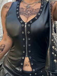 Flirla Casual Punk Music Festival Coachella Plus Size Spring/Summer Leather Blazer & Vest Set, Casual - Black - View 7