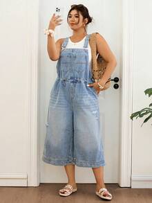 Lounesse Bộ áo liền quần denim rách dáng rộng dành cho nữ cỡ lớn, có túi, đa năng cho mặc hàng ngày. - Màu xanh lam - Xem 2