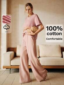 Anewsta 夏季新款蕾丝拼接时尚女士纯棉T恤，适合夏季、女士海滩、情人节、休闲简约风格 - 粉色 - 查看 6