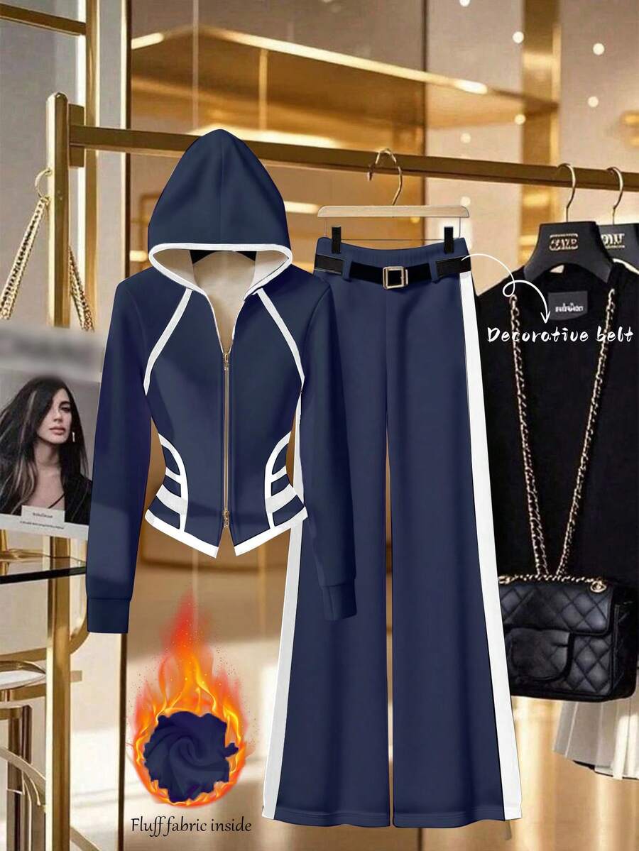 GlowEve 女士两件套拉链连帽外套和阔腿裤保暖套装 - 藏蓝色 - 查看 1