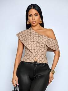 SOLERSUN Khaki Bow Print Sleeveless Asymmetric Off-Shoulder Ruffle Button-Down Open-Front Shirt, Elegant And Stylish For Everyday Casual Wear - Khaki - View 4