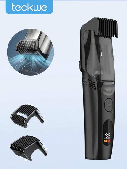 Teckwe Cordless Portable Hair Clippers For Men, Vacuum Hair Trimmer With Built-In Suction & LED Display, Rechargeable Electric Hair Cutter With 2 Guide Combs, Waterproof Professional Haircut Kit For Home Use