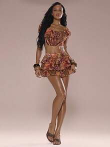 MUSERA Printed Chiffon Ruffle Bloomer Shorts Only Summer Holiday Vacation Beach Ibiza Cute Festival Elegant Cherry Moon - Multicolor - View 5