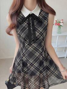 FRIFUL 女士常规领格子无袖A字腰连衣裙 - 棕色 - 查看 6