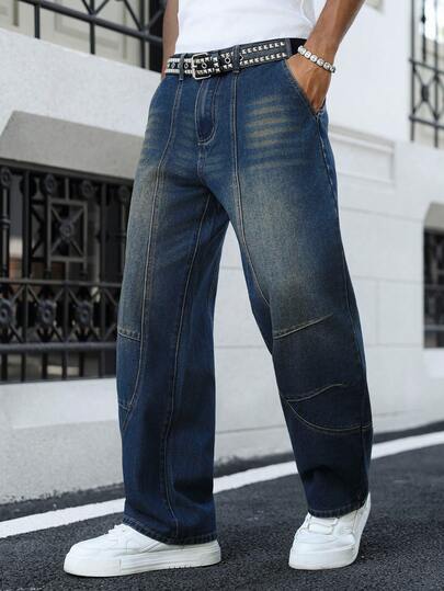 Chillumni Quần jeans ống rộng dáng suông phong cách hip hop Mỹ dành cho nam, kiểu dáng đường phố, rách rưới.