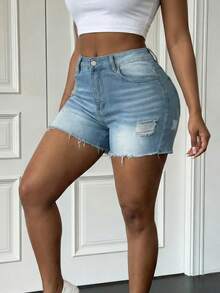SHEIN ICON 女士高腰口袋做旧毛边牛仔短裤 - 藍色 - 查看 1