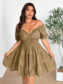 SHEIN Clasi Đầm dệt kim cỡ lớn, cổ chữ V, tay cánh hoa, xếp ly, thanh lịch. - Màu Khaki - Xem 3