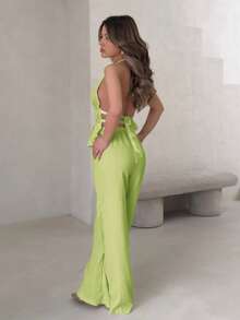 Jemour French Style Loose Solid Color Drawstring Halter Top And Relaxed Wide Leg Pants Two Pieces Set For Women - Green - View 2