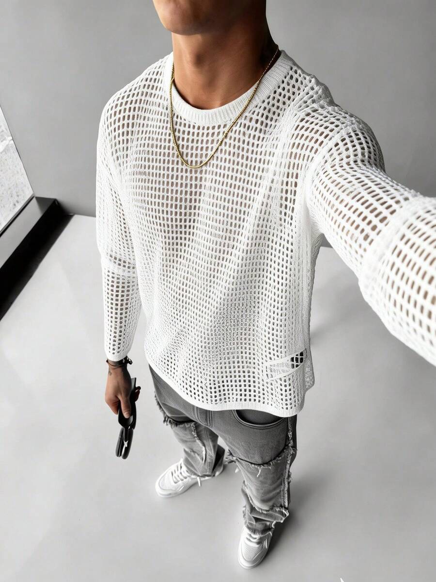 Manfinity LEGND Áo thun nam tay dài cổ tròn khoét lỗ, kiểu dáng thường ngày, đa năng. - trắng - Xem 1