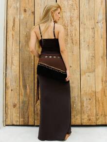 Bela Noronha Spring/Summer Women's Retro Hippie Western Music Festival Paisley Print Drawstring Hem Sheer Beaded Fringe Cover Up Skirt - Brown - View 2