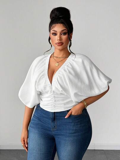 Maweii Bluzka w stylu vintage w dużym rozmiarze z marszczeniami i dekoltem w serek oraz rękawami w kształcie płatków