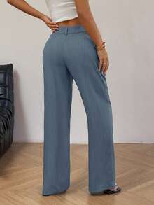 SHEIN Unity 女士纯色褶裥休闲百搭阔腿裤，适合日常穿着 - 淺色水洗藍 - 查看 2