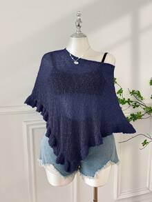 Comfortcana Suéter casual de mujer de talla grande con bajo asimétrico, versátil para uso diario - Azul Marino - Ver 3