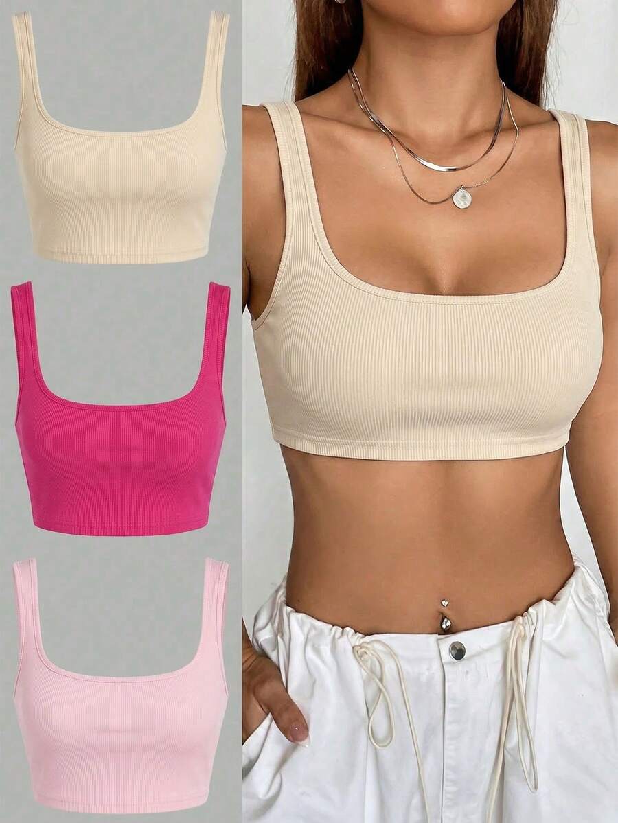 SHEIN EZwear 3件套女士休闲简约纯色方领露脐背心,适合夏季日常通勤 - 彩色 - 查看 1