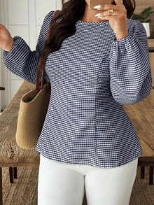 Weeklong Plus Size Casual Plaid Lantern Sleeve Shirt With Back Tie - Navy Blue - View 3