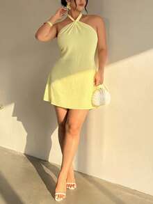Firerie Robe d'été élégante de grande taille, couleur unie, style dos nu avec col montant - Jaune citron - Voir 7