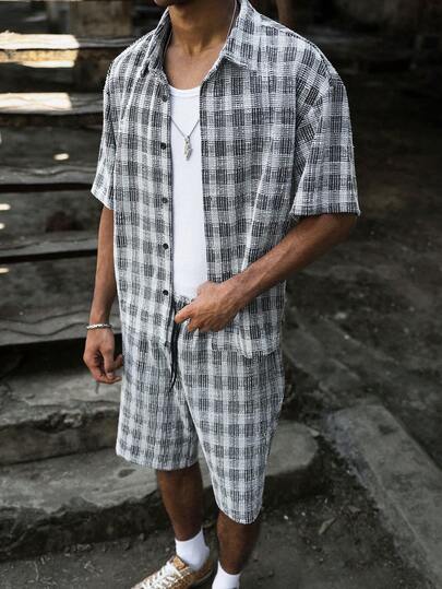 PAVTROS Men's Classic Black & White Textured Jacquard Knit Short Sleeve Shirt & Shorts Set, Streetwear